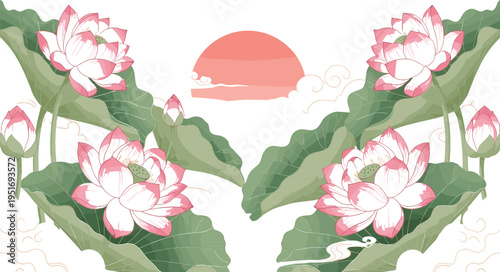 Beautiful lotus flower vector illustration with pink blossoms green leaves and rising sun in oriental style isolated on white background for zen designs
