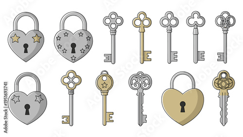Set of various vintage style metal locks and keys in heart shapes and intricate designs isolated on a plain white background.