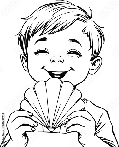 Minimal abstract vector illustration of child smiling holding fan object playful gesture elegant outline design symbolizing joy innocence and happiness