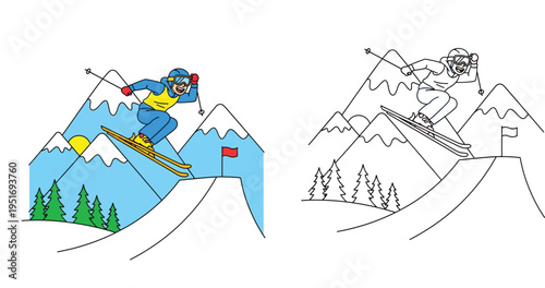 Cartoon skier jumping off a snowy mountain ramp, colorful vector illustration and black and white line art coloring page