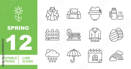 Spring Season & Nature Awakening Icons. Editable stroke vector icons for springtime activities. Featuring ladybugs, garden benches, Easter eggs, rain clouds with umbrellas, rainbows, blooming flowers