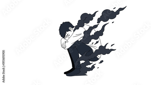 Depressed man sitting alone in a curled position with dark smoke or shadows emanating from his body representing sadness.