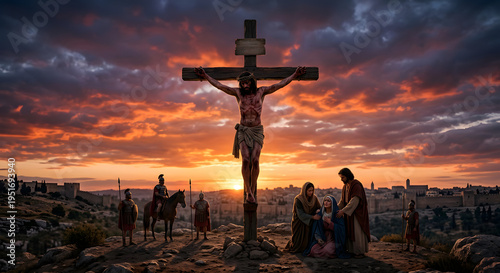 Dramatic depiction of Jesus Christ on the cross at sunset, with Mary and John mourning, Roman soldiers and a horse in the background, symbolizing sacrifice and redemption.