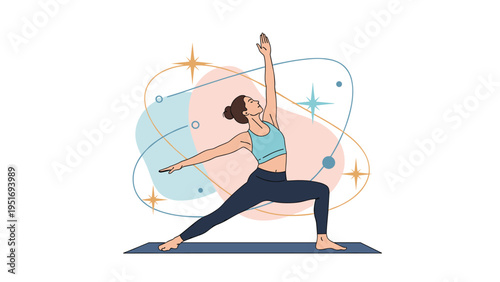 Graceful woman practicing yoga in warrior two pose with abstract organic shapes and stars floating in the background.
