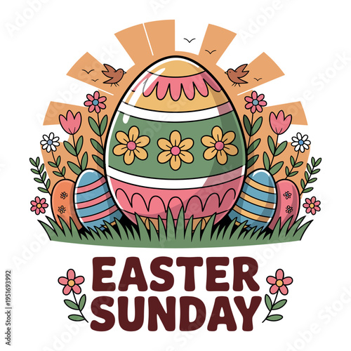 A colorful Easter Sunday illustration with decorated eggs and flowers
