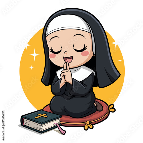 A cartoon nun sitting in a peaceful praying position with a book