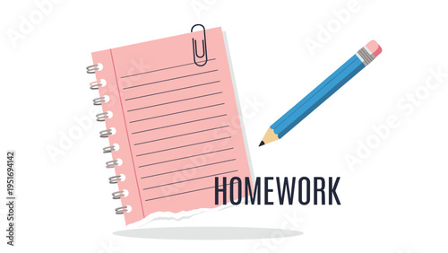 Pink spiral notebook with a paper clip and a blue pencil appearing next to the bold text homework on a white background.