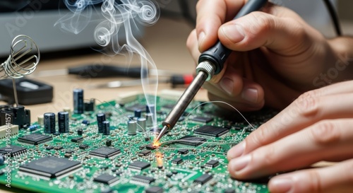 Technician Soldering Electronic Circuit Board with Precision.