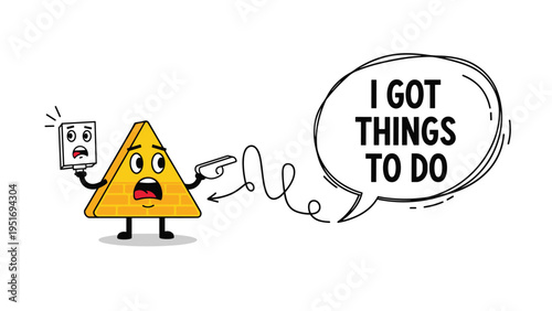Funny cartoon pyramid character holding a small gravestone and pointing while saying he has things to do in a speech bubble.