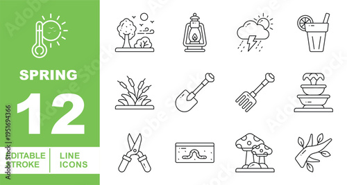 Spring Season, Gardening, and Outdoor Nature Line Icons. Editable stroke icons for landscaping services, horticulture, and seasonal weather apps. Featuring garden tools, shovels, rakes, pruning shears