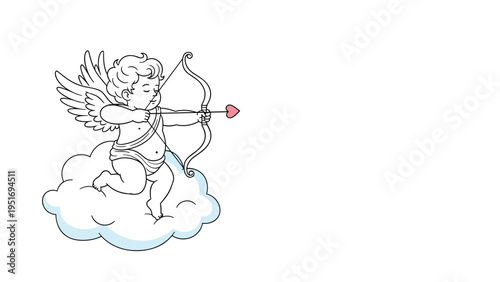 Little cupid with wings sitting on a fluffy cloud while aiming his bow and heart tipped arrow on a white background.