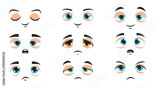 Collection of cartoon eye sets with various facial expressions showing emotions like happiness, sadness, surprise, and sleepiness.