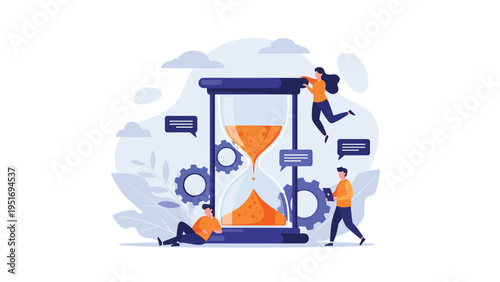 Team of people working together around a giant hourglass representing time management and productivity in a modern style.