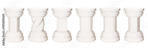 Pillar plinth podium. White 3d hexagon and cylinder box stand mockup. Museum pedestal for product display. Gypsum square platform with column base. Luxury cosmetic presentation furniture vector