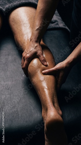 Massage therapist massaging calf of woman client. Professional bodywork for muscle pain relief and muscle recovery. Holistic wellness and self care spa treatment for physical health.