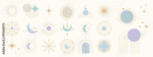 Mystic celestial symbols vector set. Minimal sun, moon, star, and arch elements in cream, sand, lavender, pale blue, and gold for boho decor, spiritual branding, and abstract design.