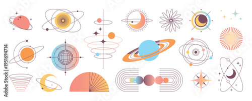 Celestial abstract shapes vector set. Retro cosmic icons with orange, blue, pink, beige, and gold line details for modern posters, branding, decorative prints, and creative design.