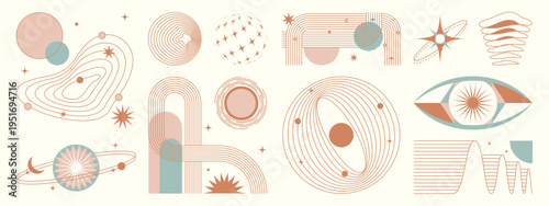 Abstract celestial geometric elements vector set. Mid century modern boho line art collection with pastel beige, terracotta, sage, and gold shapes for wall decor and branding.