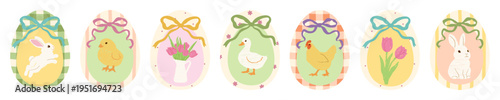 Set of coquette Easter egg with frames and ribbons. Hand drawn easter egg featuring bunny, chick, duck, chicken and tulip flowers. Cute pastel Easter clipart collection for cards, invitations, poster.