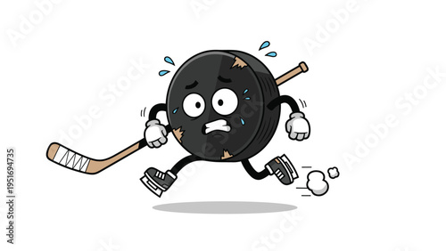 Energetic cartoon hockey puck character wearing ice skates and sweating while running fast with a stick on a white background.