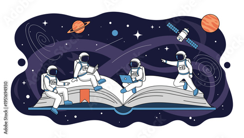 Astronauts exploring space while sitting and reading on a giant open book with planets and stars in the dark background.