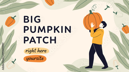 Young man carrying a large orange pumpkin on his shoulder for a fall harvest festival promotion with leafy frame decoration.