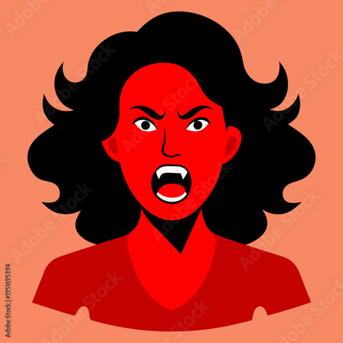 A woman with bright red skin and voluminous black hair screams with an open mouth revealing sharp fangs against a solid peach background.