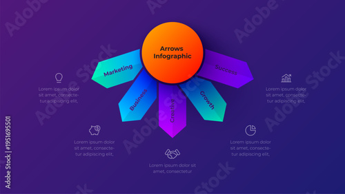 5 step radial arrow infographic diagram with central circular hub and five branching directional segments