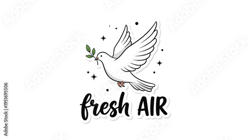 White dove flying through the air while carrying an olive branch in its beak with the handwritten text fresh air below.