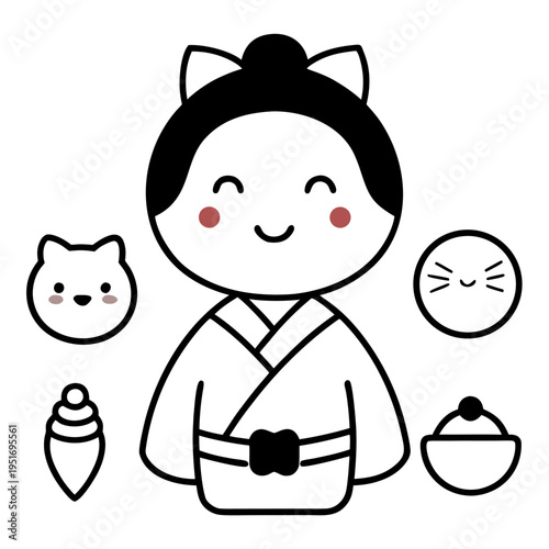 A central Japanese kokeshi doll with black hair is surrounded by smaller icons including a cat head and a traditional spinning top toy.