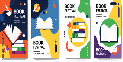 Colorful Book Festival Social Media Story Templates with Modern Abstract Shapes, Open Book Illustrations, and Stack of Books for Reading Event Promotion Design