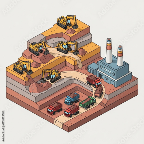 Isometric Mining Operation with Trucks and Excavators.
