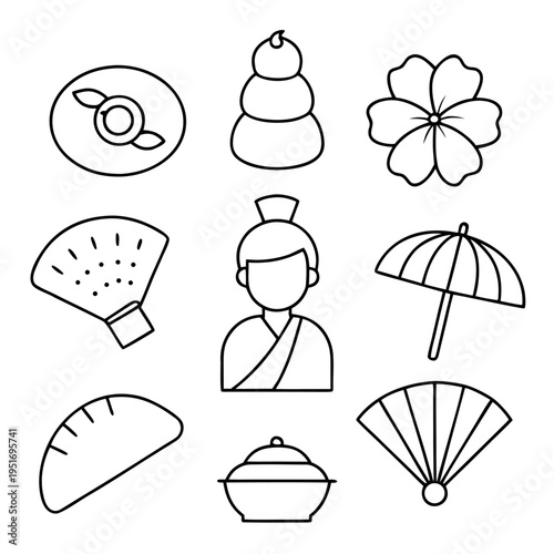 A central female character bust is displayed alongside a collection of traditional items including a stack of dango and a striped parasol.