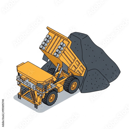 Isometric Illustration of a Yellow Mining Dump Truck Unloading.