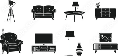 Black and white line of various furniture and home decor line furniture lamp