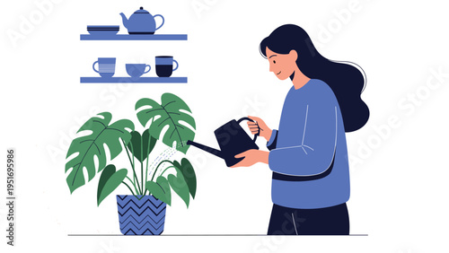 Young woman caring for her indoor plants by watering a large monstera deliciosa with a black watering can in a cozy home setting.