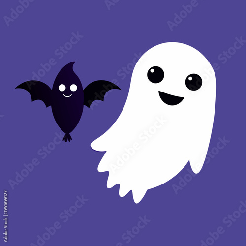 A large white ghost with a friendly expression and a dark purple bat with small white eyes are depicted flying across a deep blue background.