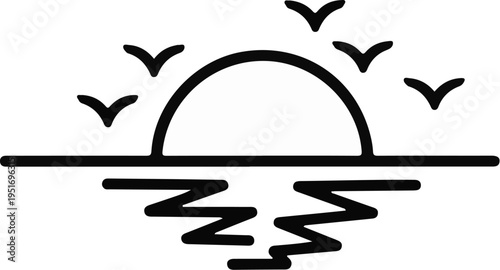 Stylized depiction of a sunset over water with flying birds