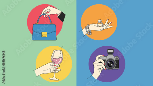 Collection of hands holding luxury items including a designer handbag, diamond ring, glass of red wine, and vintage camera.