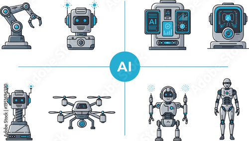 Artificial Intelligence Vector Illustration Showing Robot Drone Android and Control Panel