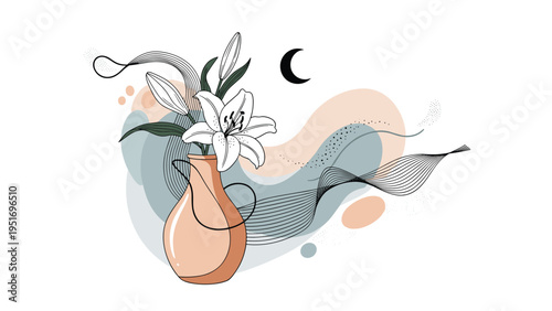 Elegant vase containing white lilies with abstract flowing lines and a crescent moon in the background for a serene art piece.