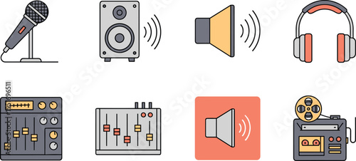 Audio Equipment Vector Illustration Showing Microphone Speaker Headphones Mixer and Tape Recorder