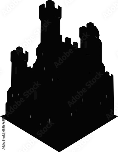 A dark, silhouetted castle with crenellated towers and walls