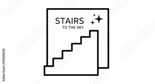 A simple black and white graphic depicting steps ascending towards sparkling stars