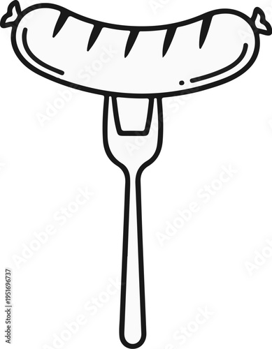 A simple line art depiction of a sausage on a fork, ready to eat