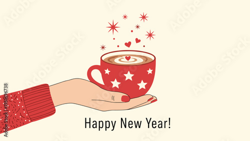 Hand wearing a red sweater holding a warm cup of coffee with a heart and star decorations for a happy new year celebration.