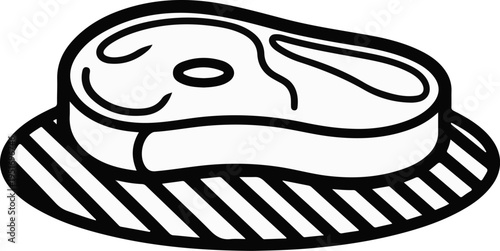 A black and white outline of a steak on a striped plate