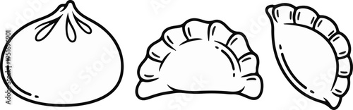 Three stylized dumplings shown in a simple, bold black and white illustration