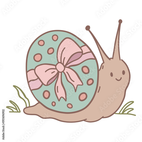 Bild auf Leinwand Cute snail with easter egg illustration, kawaii spring animal with decorated egg