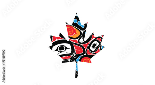 Stylized maple leaf icon filled with traditional indigenous Canadian art patterns in red, black, and blue colors on white.